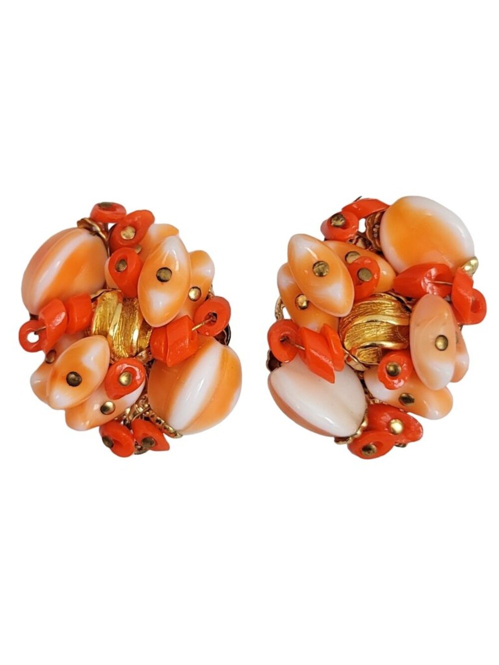 Alice Caviness Orange Glass Bead Clip-On Earrings, Signed K603